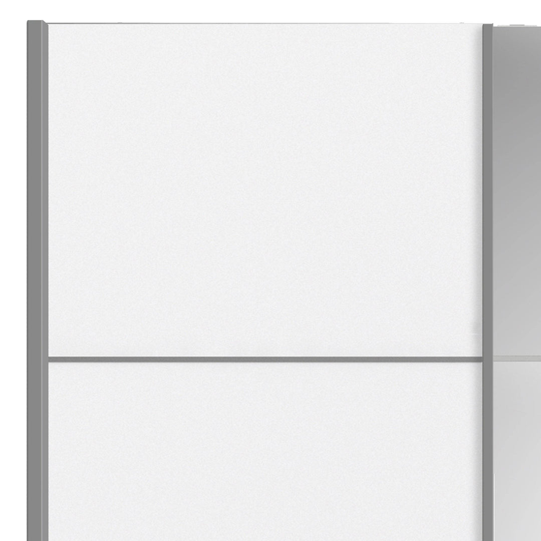 Verona Sliding Wardrobe 180cm in White with White and Mirror Doors with 5 Shelves - TidySpaces