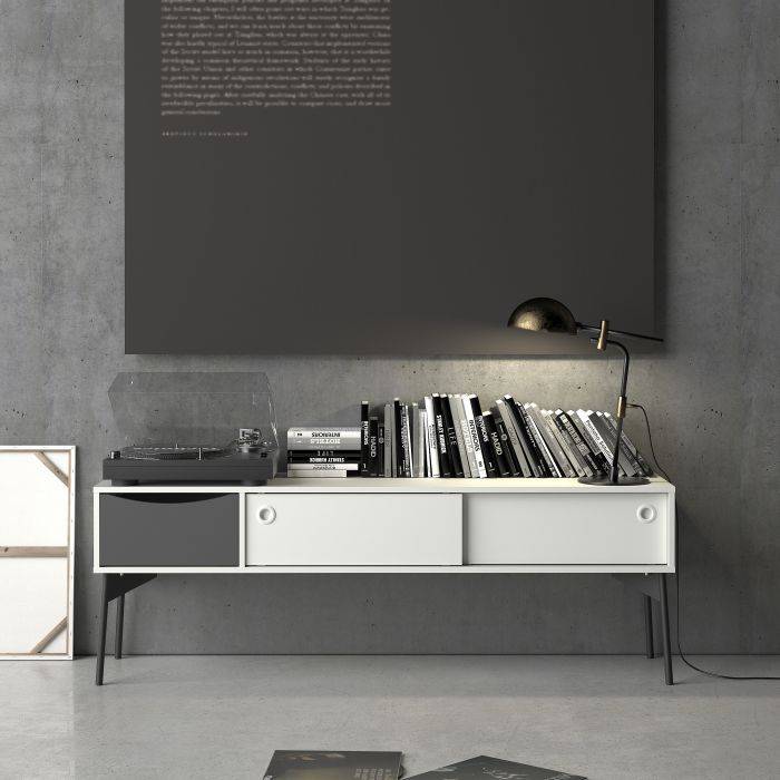 Fur TV-Unit 2 Sliding Doors 1 Drawer in Grey and White - TidySpaces