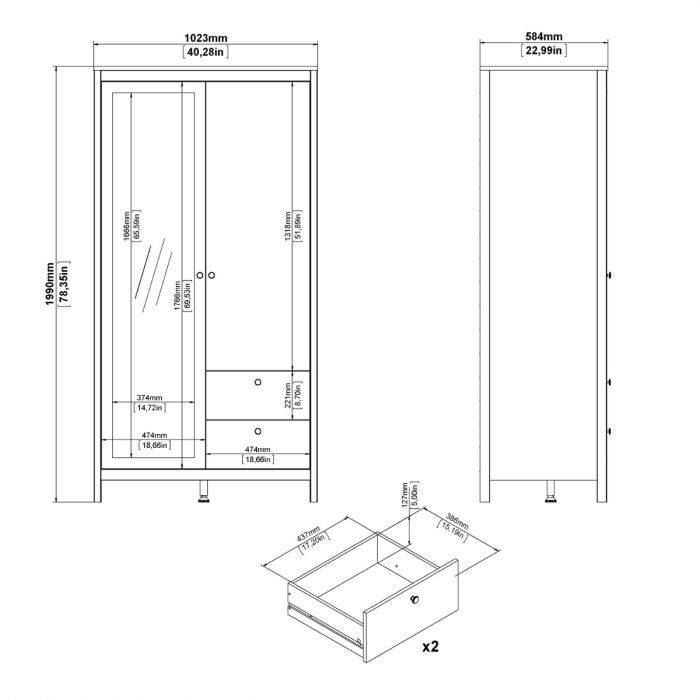 Madrid Wardrobe with 1 door + 1 mirror door + 2 drawers White - TidySpaces