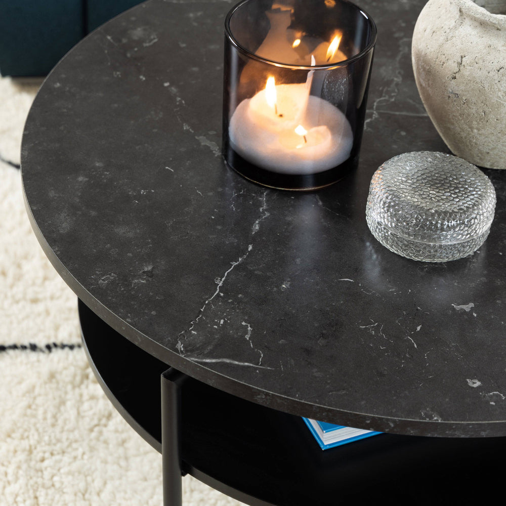 Goldington Round Coffee Table with Black Marble Effect Top - TidySpaces