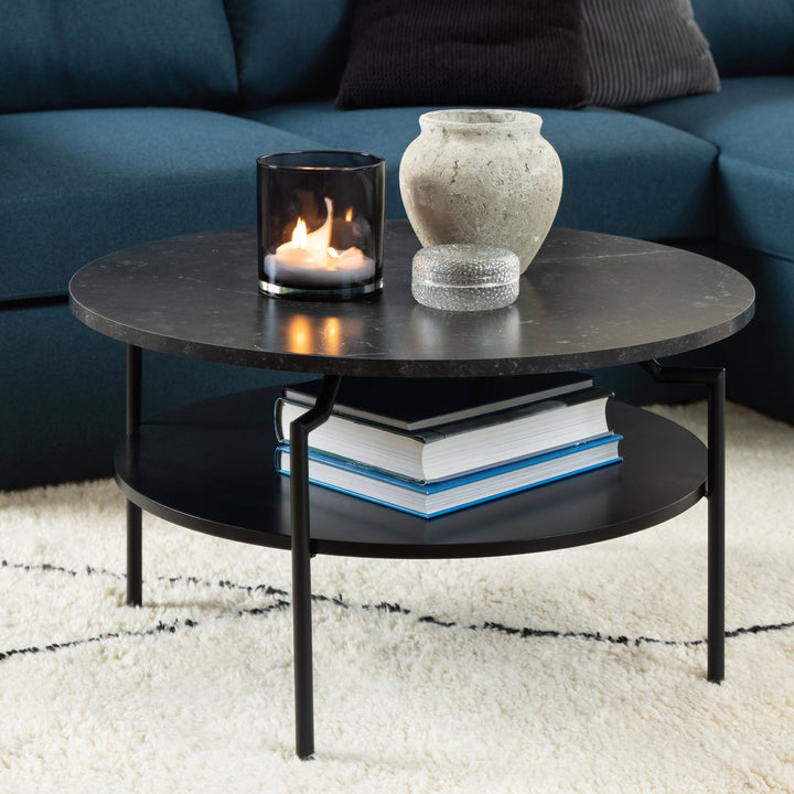 Goldington Round Coffee Table with Black Marble Effect Top - TidySpaces