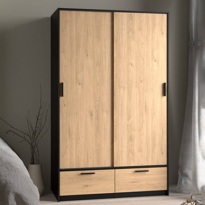 Line Wardrobe with 2 Doors + 2 Drawers in Black and Jackson Hickory Oak - TidySpaces