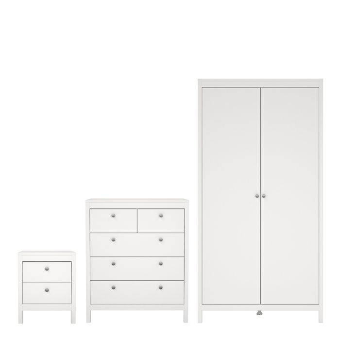 Madrid 3 Piece Bundle, Bedside, Chest and 2 Door Wardrobe in White - TidySpaces