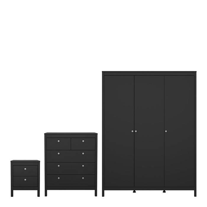 Madrid 3 Piece Bundle, Bedside, Chest and 3 Door Wardrobe in Matt Black - TidySpaces