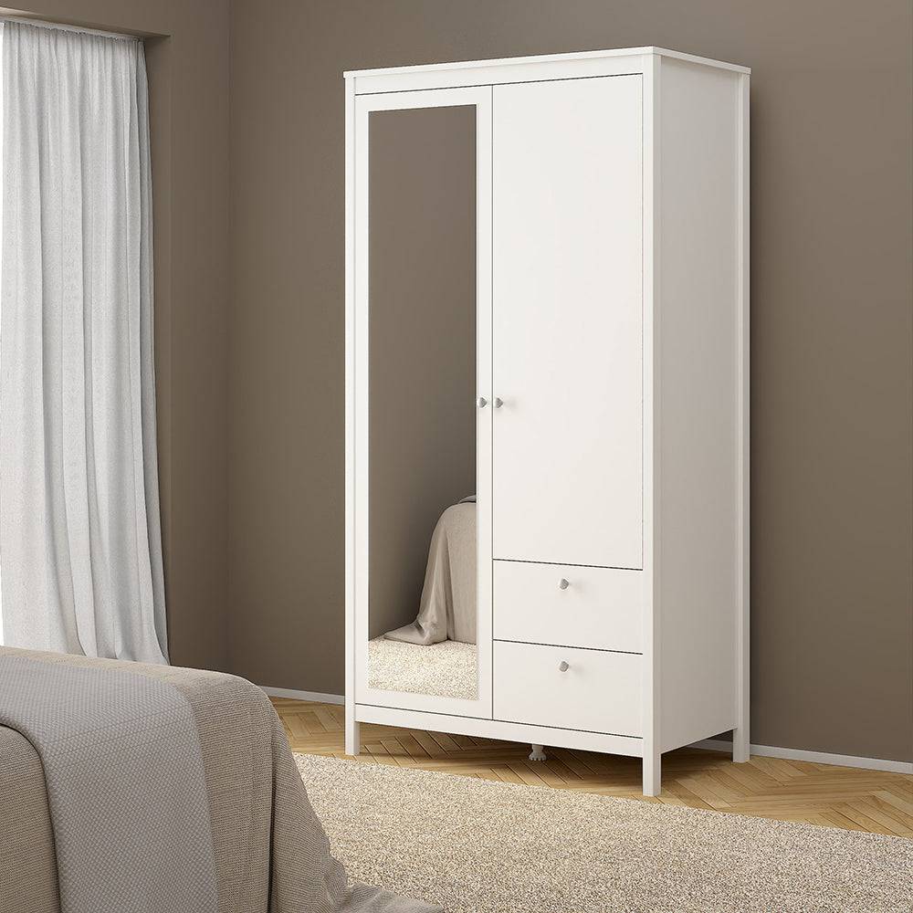 Madrid Wardrobe with 1 door + 1 mirror door + 2 drawers White - TidySpaces