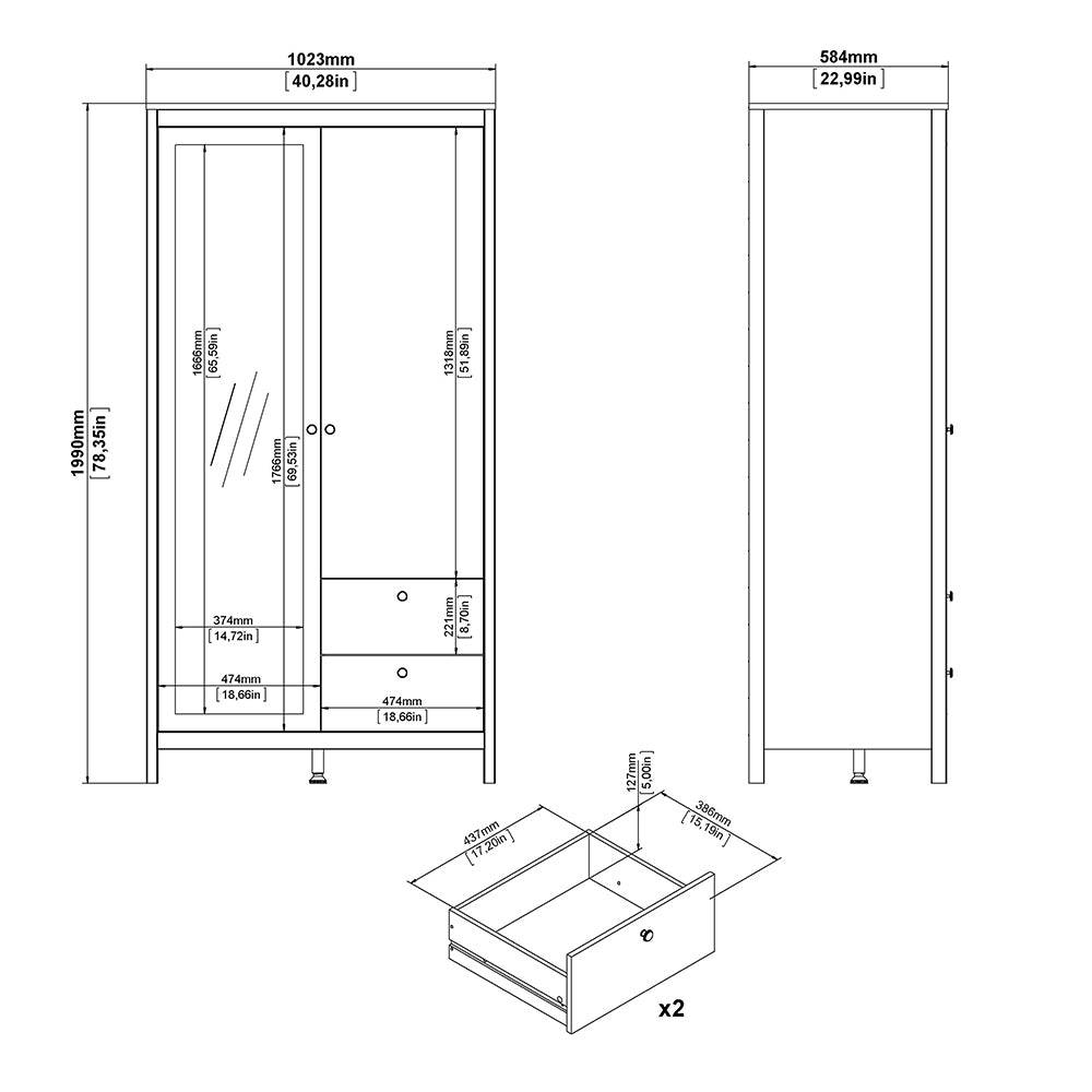 Madrid Wardrobe with 1 door + 1 mirror door + 2 drawers White - TidySpaces