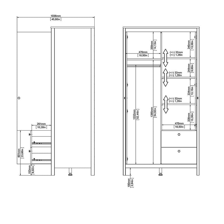 Madrid Wardrobe with 1 door + 1 mirror door + 2 drawers White - TidySpaces