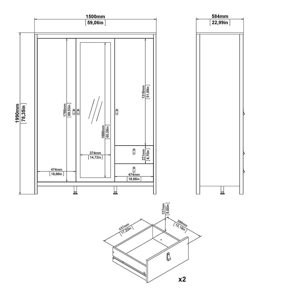 Madrid Wardrobe with 2 doors + 1 mirror door + 2 drawers White - TidySpaces