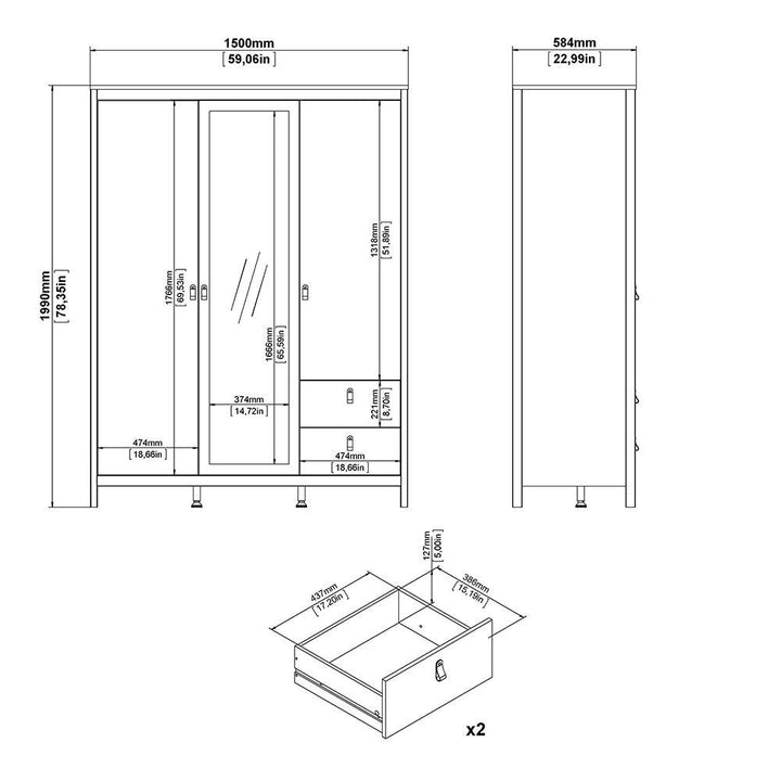 Madrid Wardrobe with 2 doors + 1 mirror door + 2 drawers White - TidySpaces