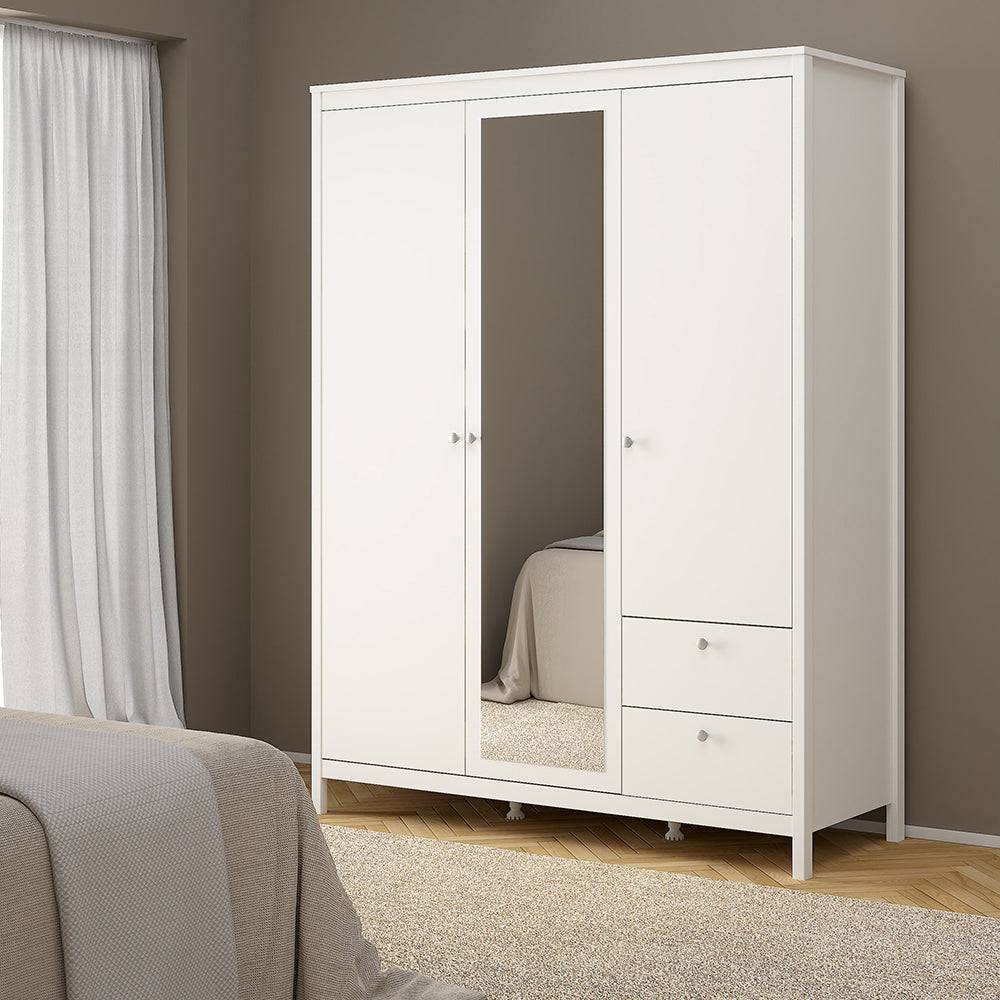 Madrid Wardrobe with 2 doors + 1 mirror door + 2 drawers White - TidySpaces