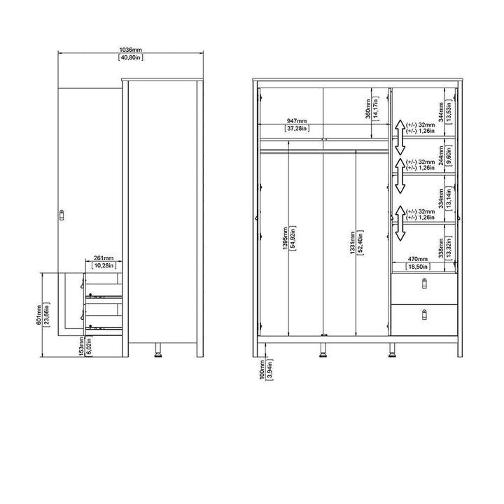 Madrid Wardrobe with 2 doors + 1 mirror door + 2 drawers White - TidySpaces