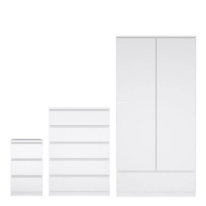 Naia 3 Piece Bundle, Bedside, Chest and 2 Door 1 Drawer Wardrobe in White High Gloss - TidySpaces