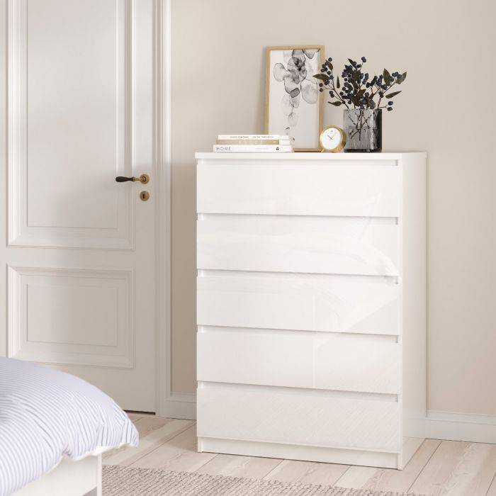 Naia 3 Piece Bundle, Bedside, Chest and 2 Door 1 Drawer Wardrobe in White High Gloss - TidySpaces