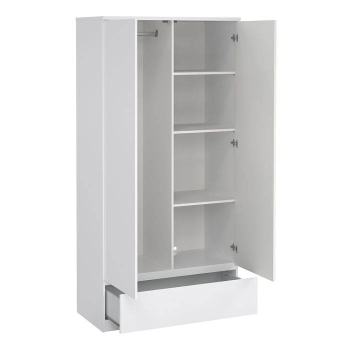 Naia 3 Piece Bundle, Bedside, Chest and 2 Door 1 Drawer Wardrobe in White High Gloss - TidySpaces