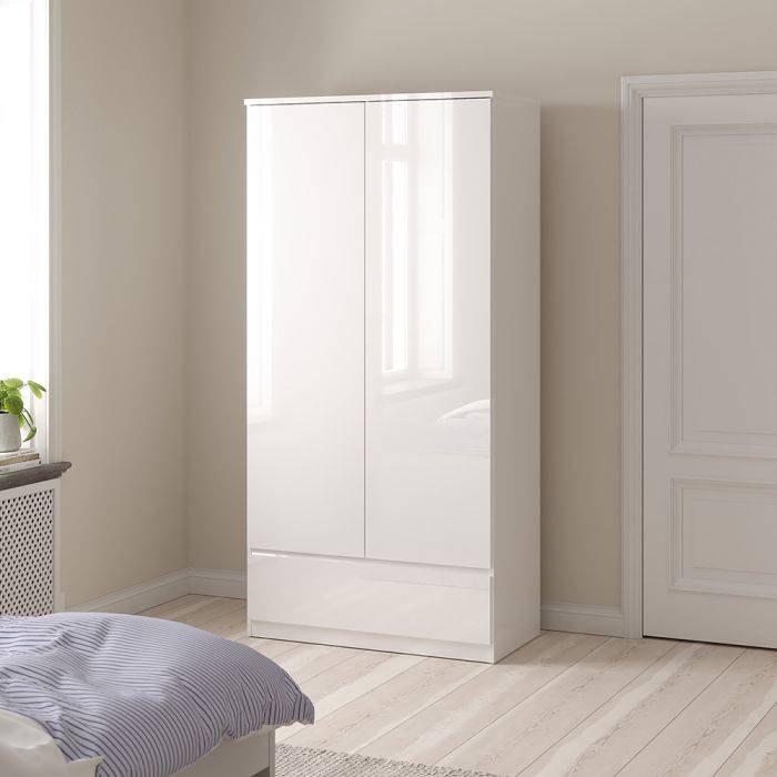 Naia 3 Piece Bundle, Bedside, Chest and 2 Door 1 Drawer Wardrobe in White High Gloss - TidySpaces