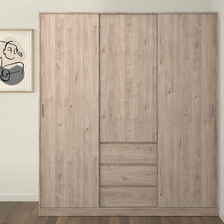 Naia Wardrobe with 2 sliding doors + 1 door + 3 drawers in Oak structure Jackson Hickory - TidySpaces