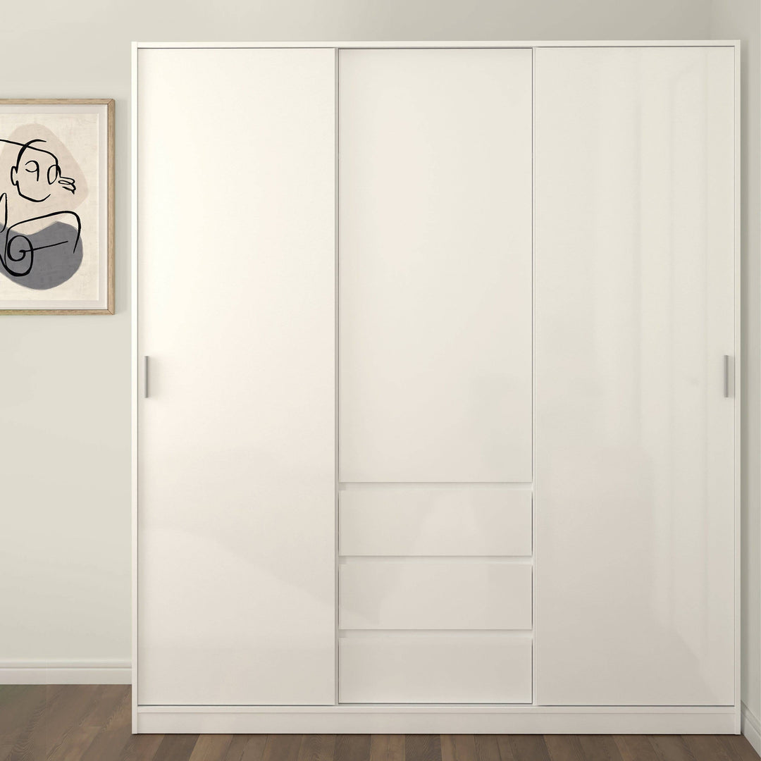 Naia Wardrobe with 2 sliding doors + 1 door + 3 drawers in White High Gloss - TidySpaces