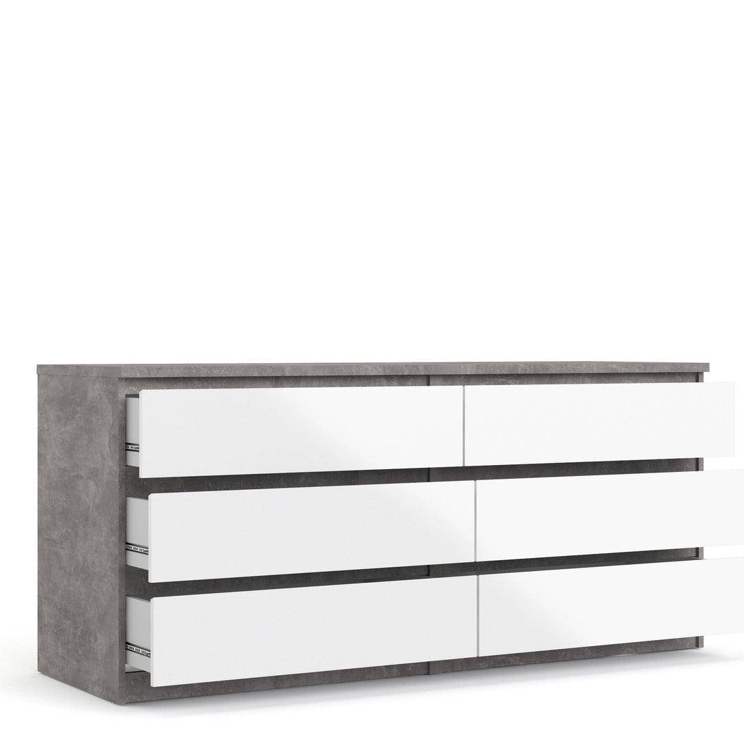 Naia Wide Chest of 6 Drawers (3+3) in Concrete and White High Gloss - TidySpaces