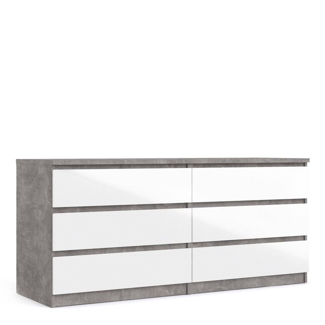 Naia Wide Chest of 6 Drawers (3+3) in Concrete and White High Gloss - TidySpaces