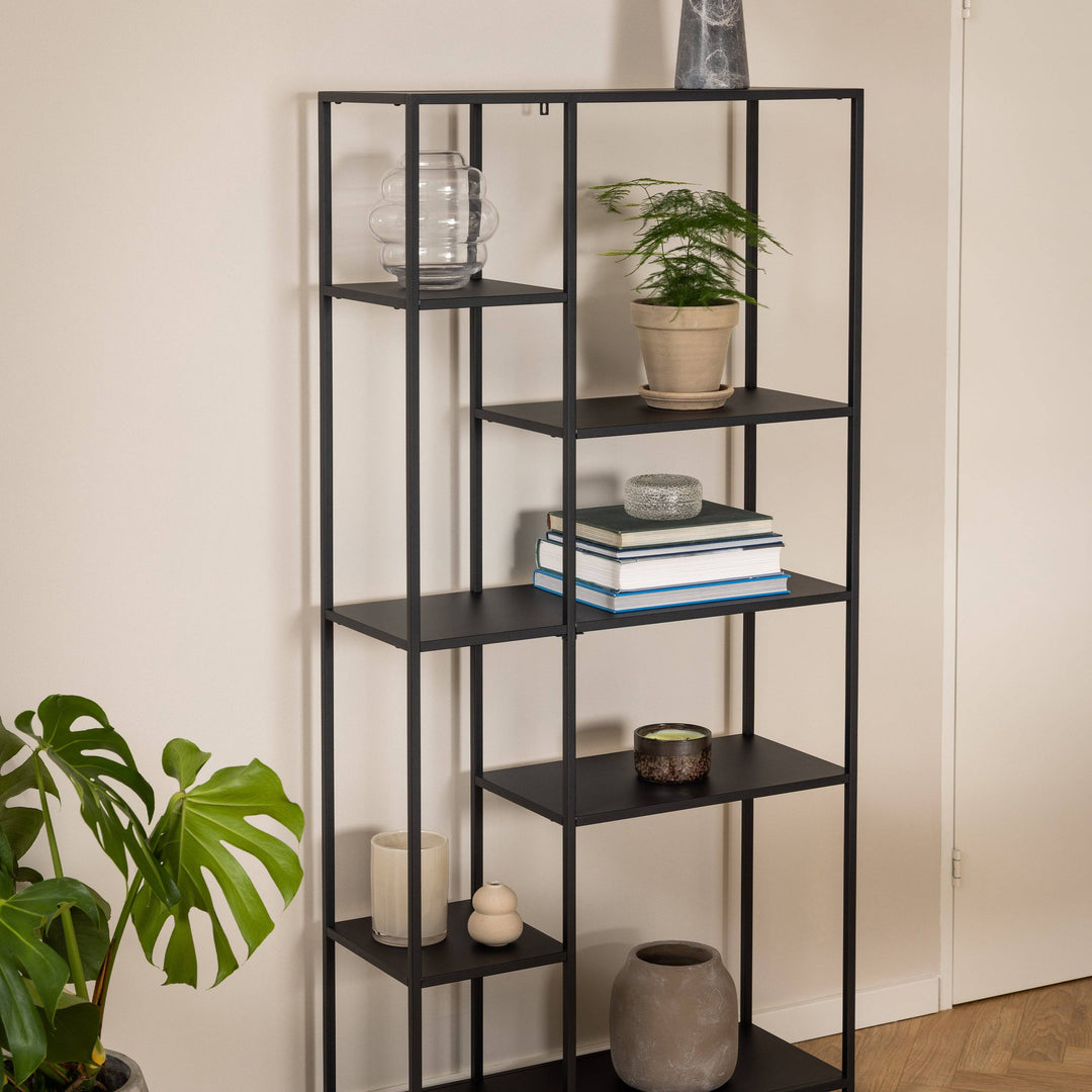 Newcastle Asymmetrical Bookcase with 6 Shelves in Matt Black - TidySpaces