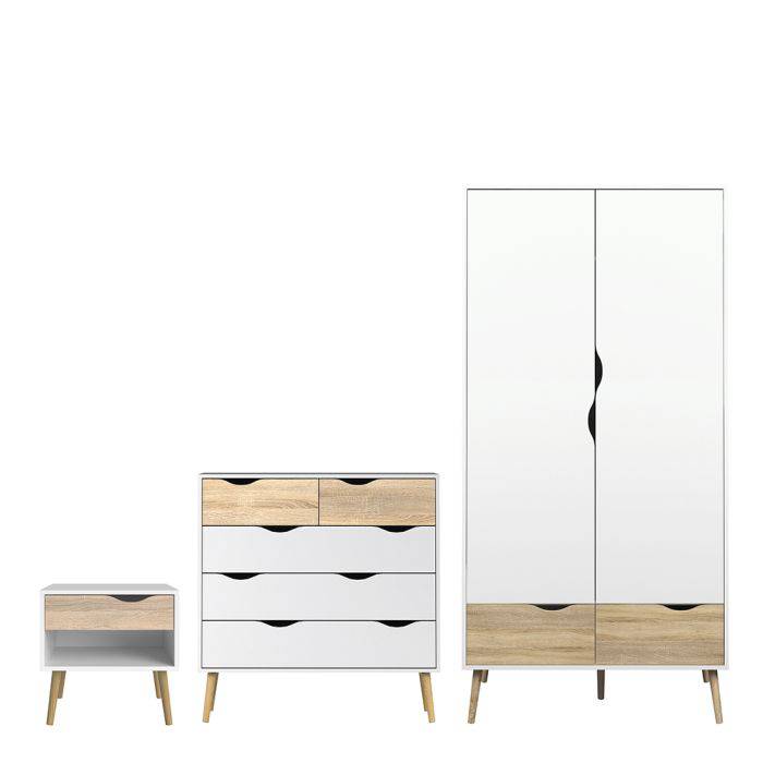 Oslo 3 Piece Bundle, Bedside, Chest Wardrobe in White and Oak - TidySpaces