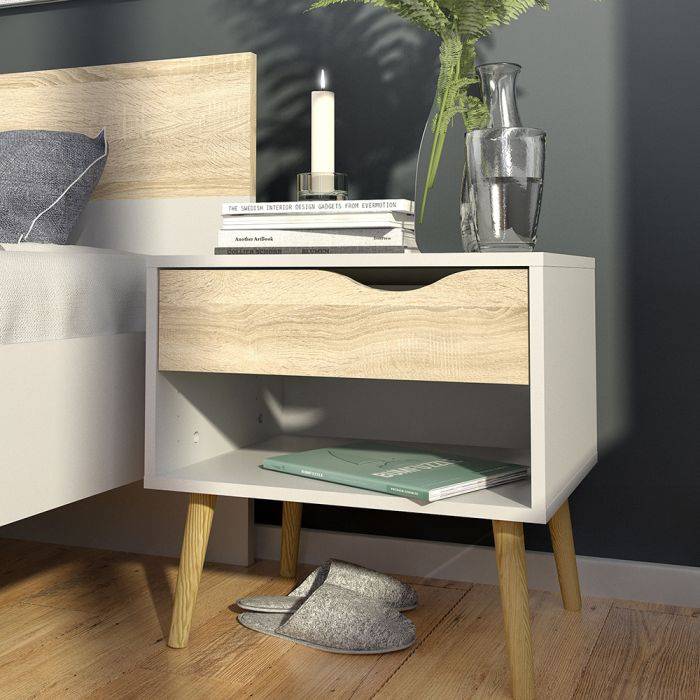 Oslo Bedside 1 Drawer in White and Oak (Package of 2.) - TidySpaces