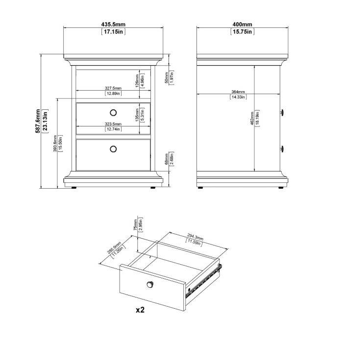 Paris Package - Bedside 2 Drawers in + Chest of 4 Drawers + Wardrobe with 2 Doors White - TidySpaces