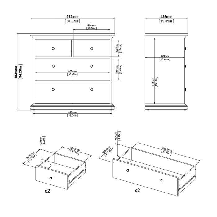 Paris Package - Bedside 2 Drawers in + Chest of 4 Drawers + Wardrobe with 2 Doors White - TidySpaces