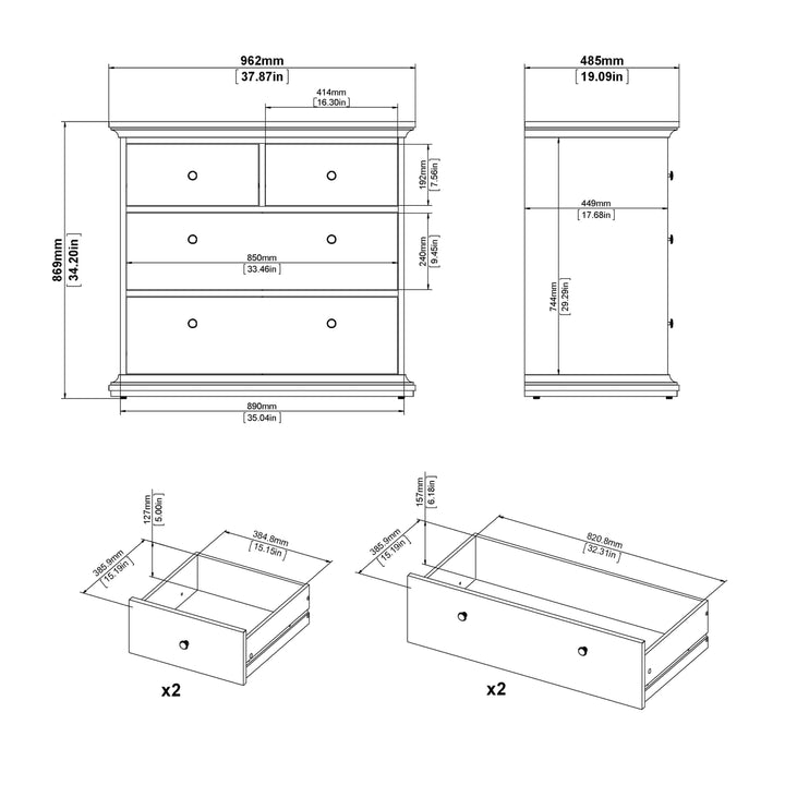 Paris Package - Bedside 2 Drawers in + Chest of 4 Drawers + Wardrobe with 2 Doors White - TidySpaces