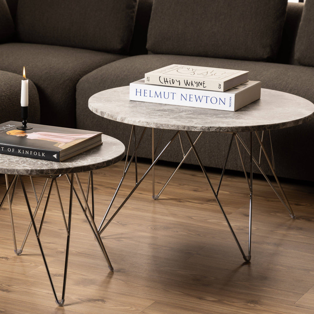 Prunus Round Coffee Table with Grey-Brown Marble Top - TidySpaces