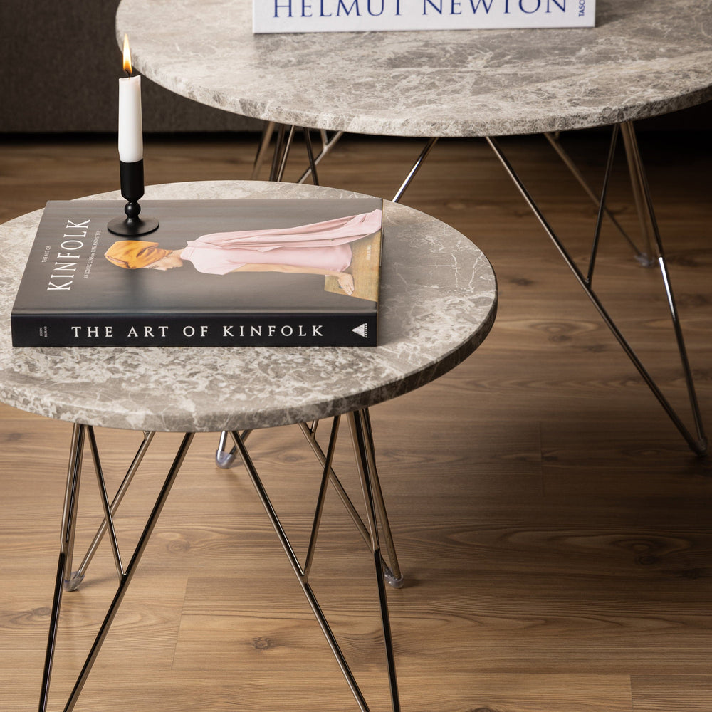 Prunus Round Side Table  with Grey-Brown Marble Top - TidySpaces