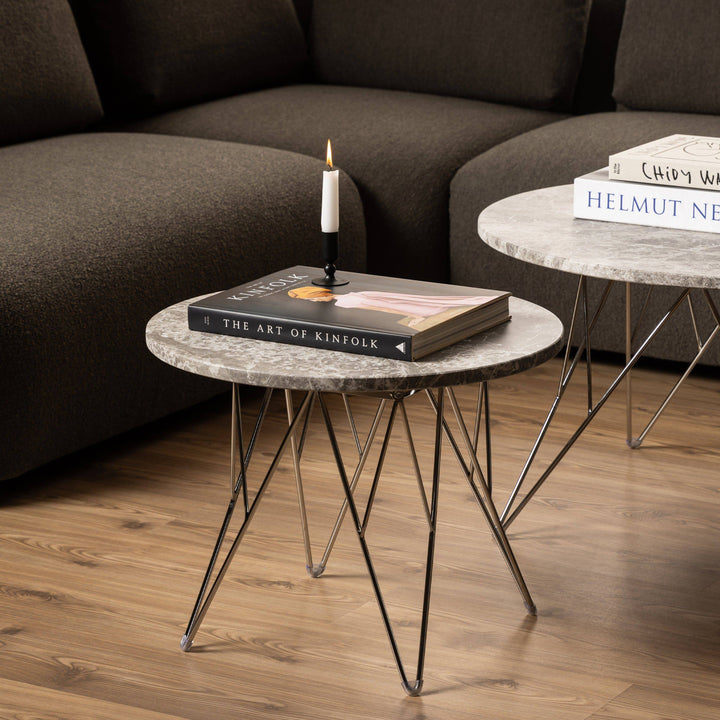 Prunus Round Side Table  with Grey-Brown Marble Top - TidySpaces