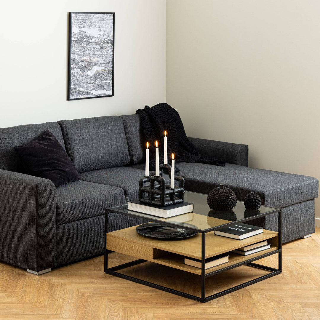 Randolf Square Coffee Table with 2 Shelves in Black and Oak - TidySpaces