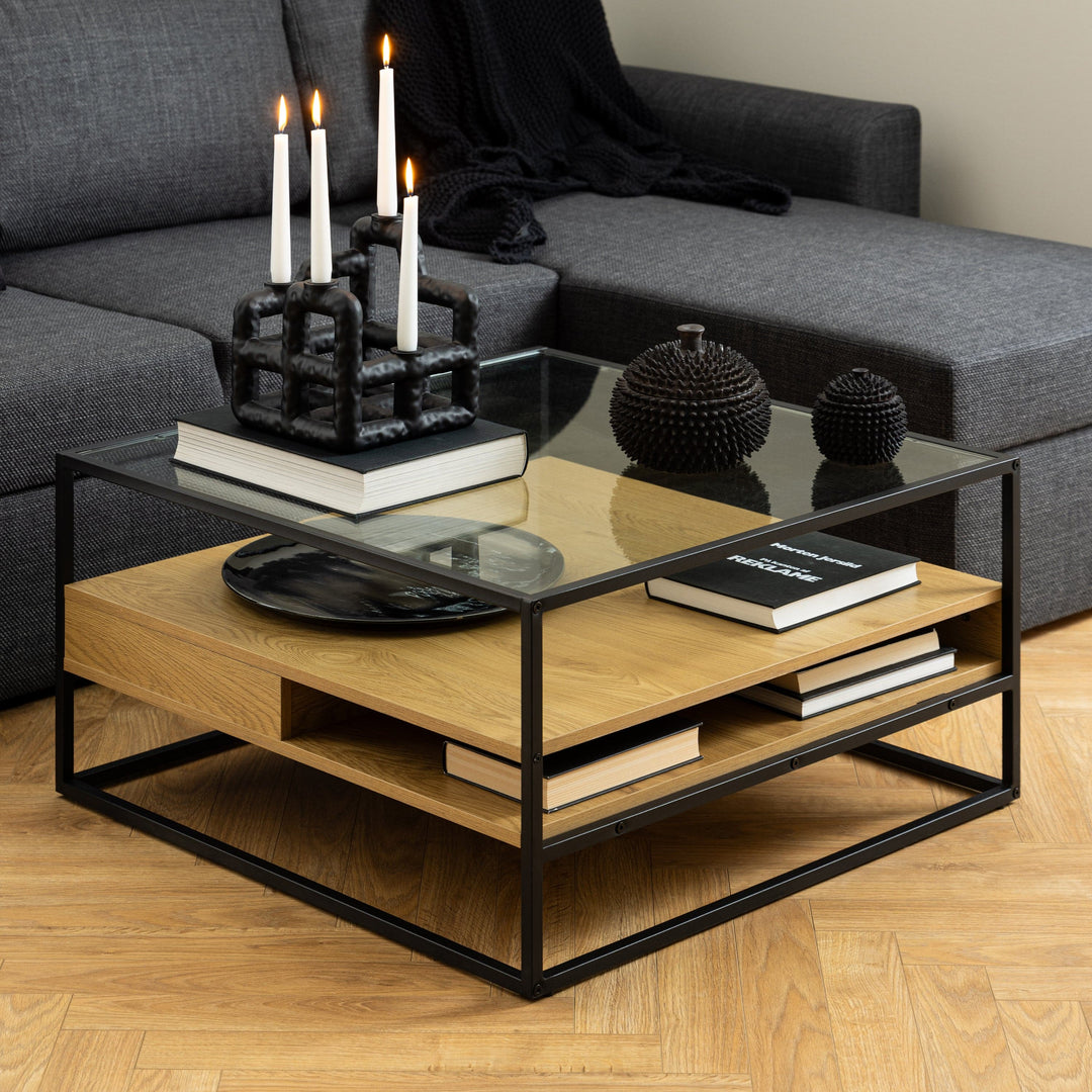 Randolf Square Coffee Table with 2 Shelves in Black and Oak - TidySpaces