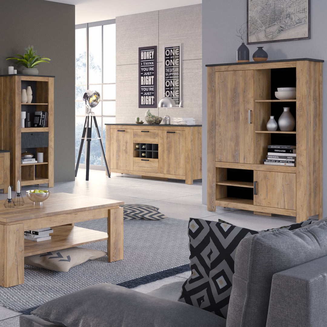 Rapallo 2 door 2 drawer sideboard with wine rack in Chestnut and Matera Grey - TidySpaces