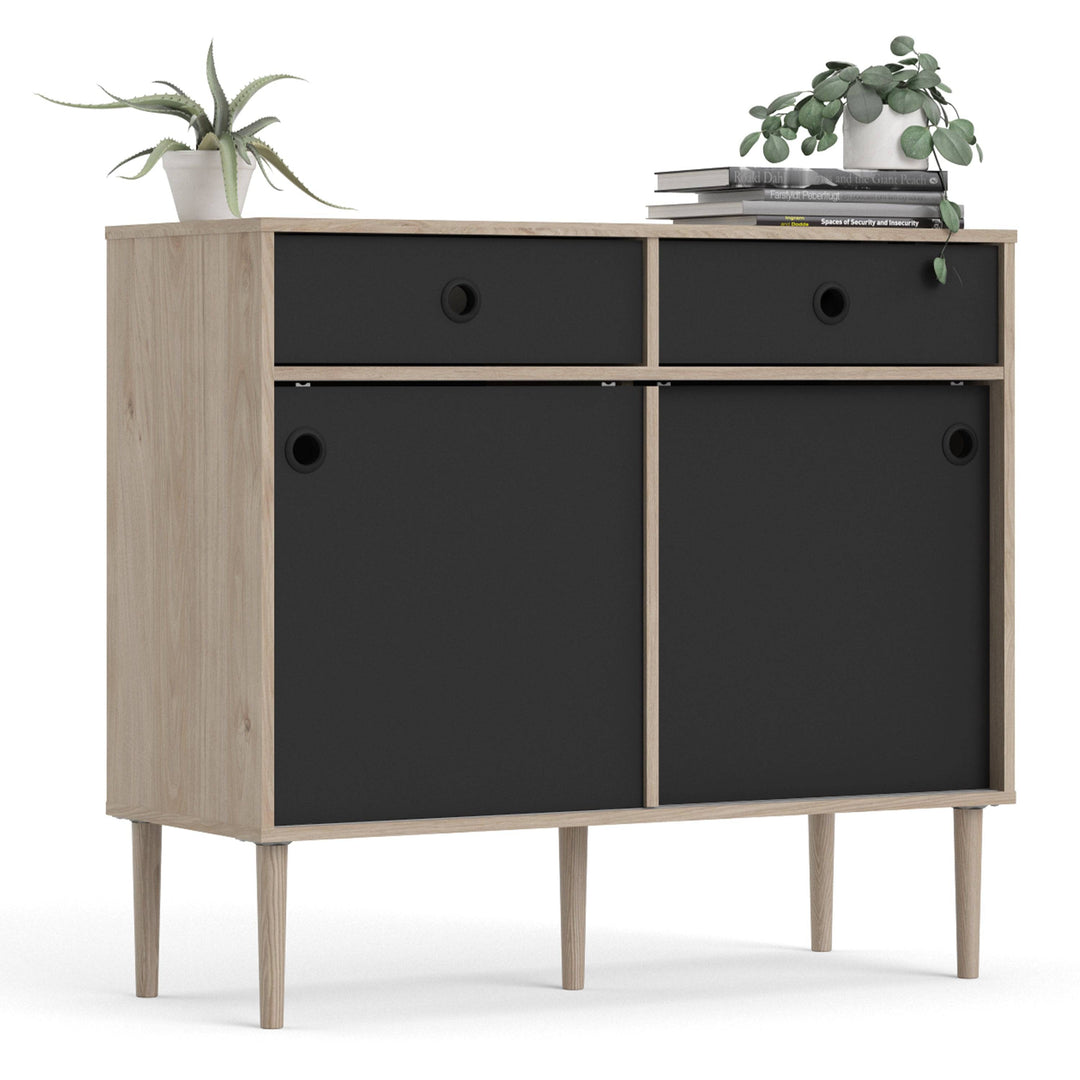 Rome Sideboard 2 Sliding Doors + 2 Drawers in Jackson Hickory Oak with Matt Black - TidySpaces