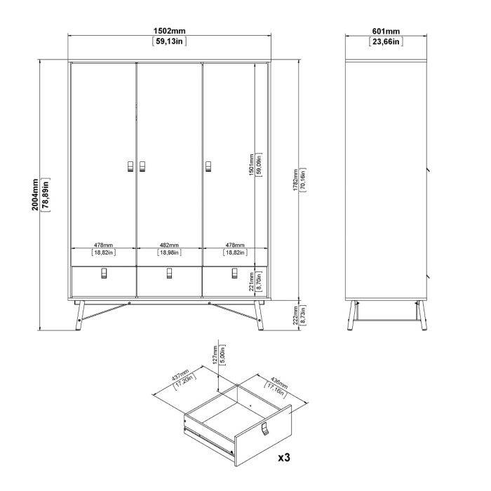 Ry 3 Piece Bundle, Bedside, Chest and 3 Door 3 Drawer Wardrobe - TidySpaces