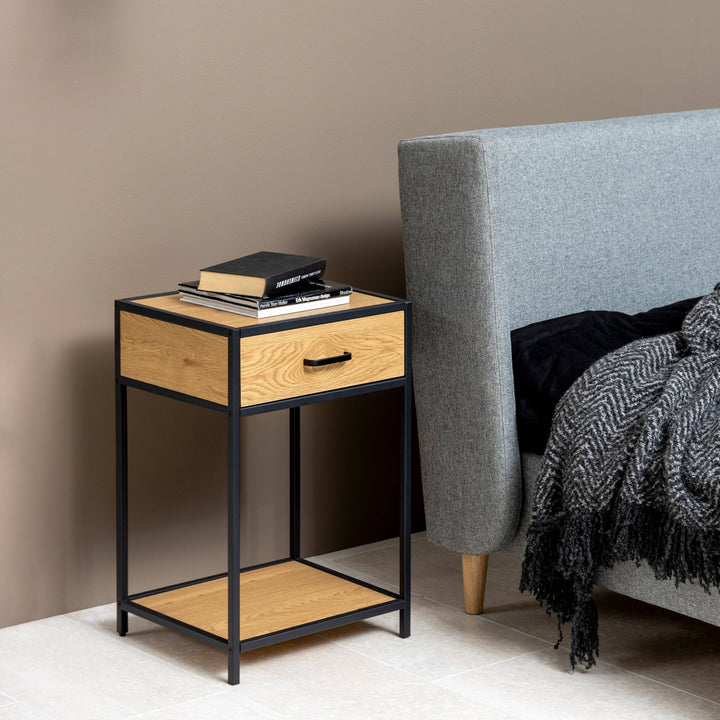 Seaford Bedside Table with 1 Drawer in Black & Oak - TidySpaces