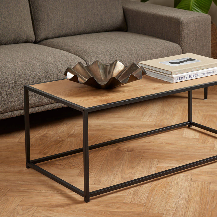 Seaford Black Metal Coffee Table with Oak Top - TidySpaces