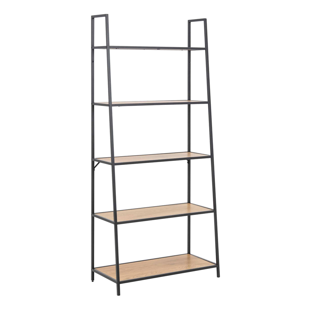 Seaford Black Metal Ladder Bookcase with 5 Oak Shelves - TidySpaces