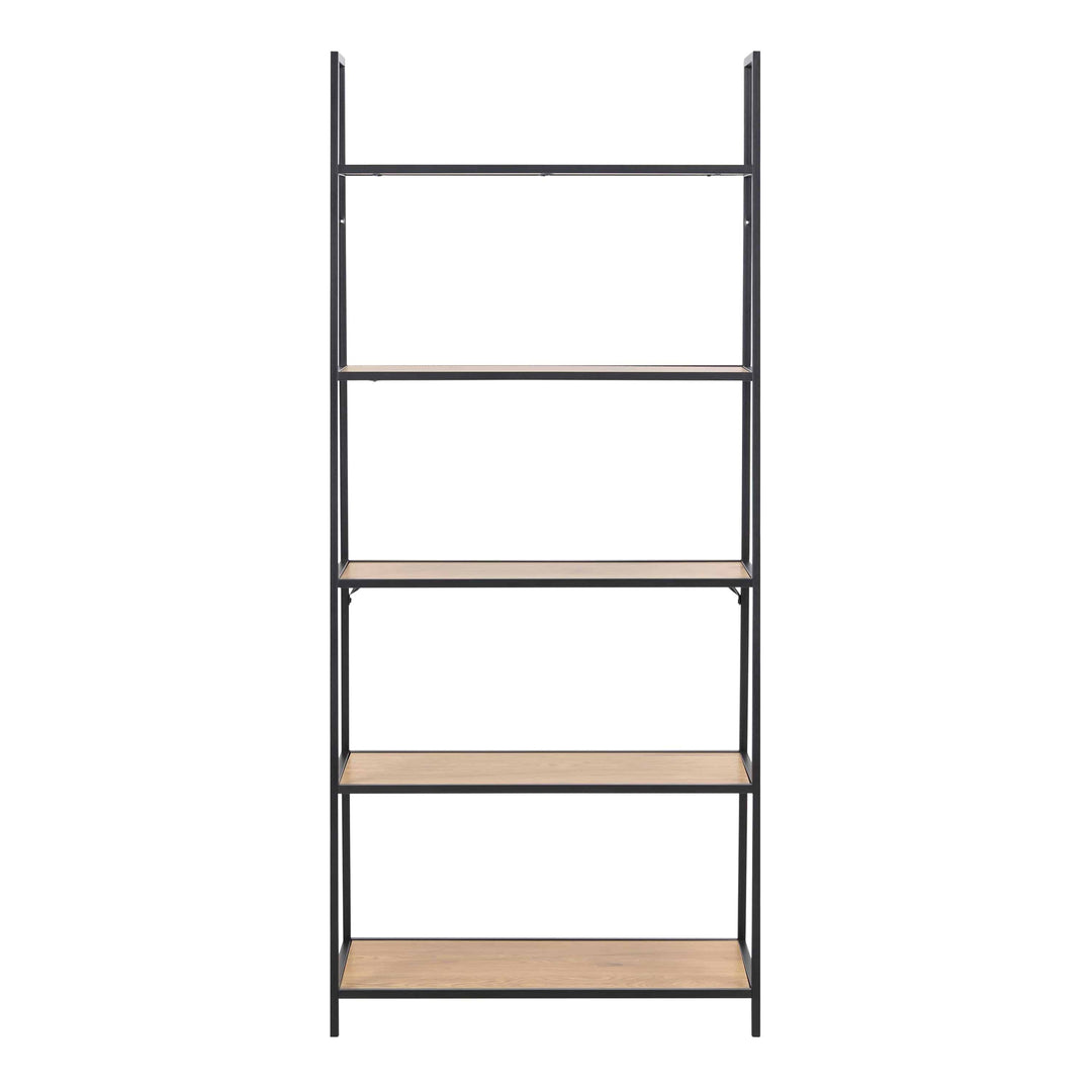 Seaford Black Metal Ladder Bookcase with 5 Oak Shelves - TidySpaces