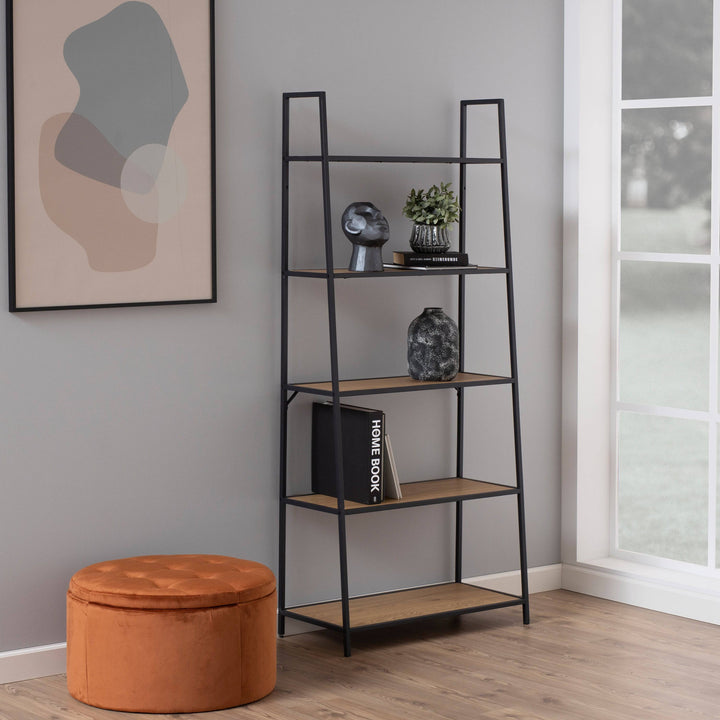 Seaford Black Metal Ladder Bookcase with 5 Oak Shelves - TidySpaces