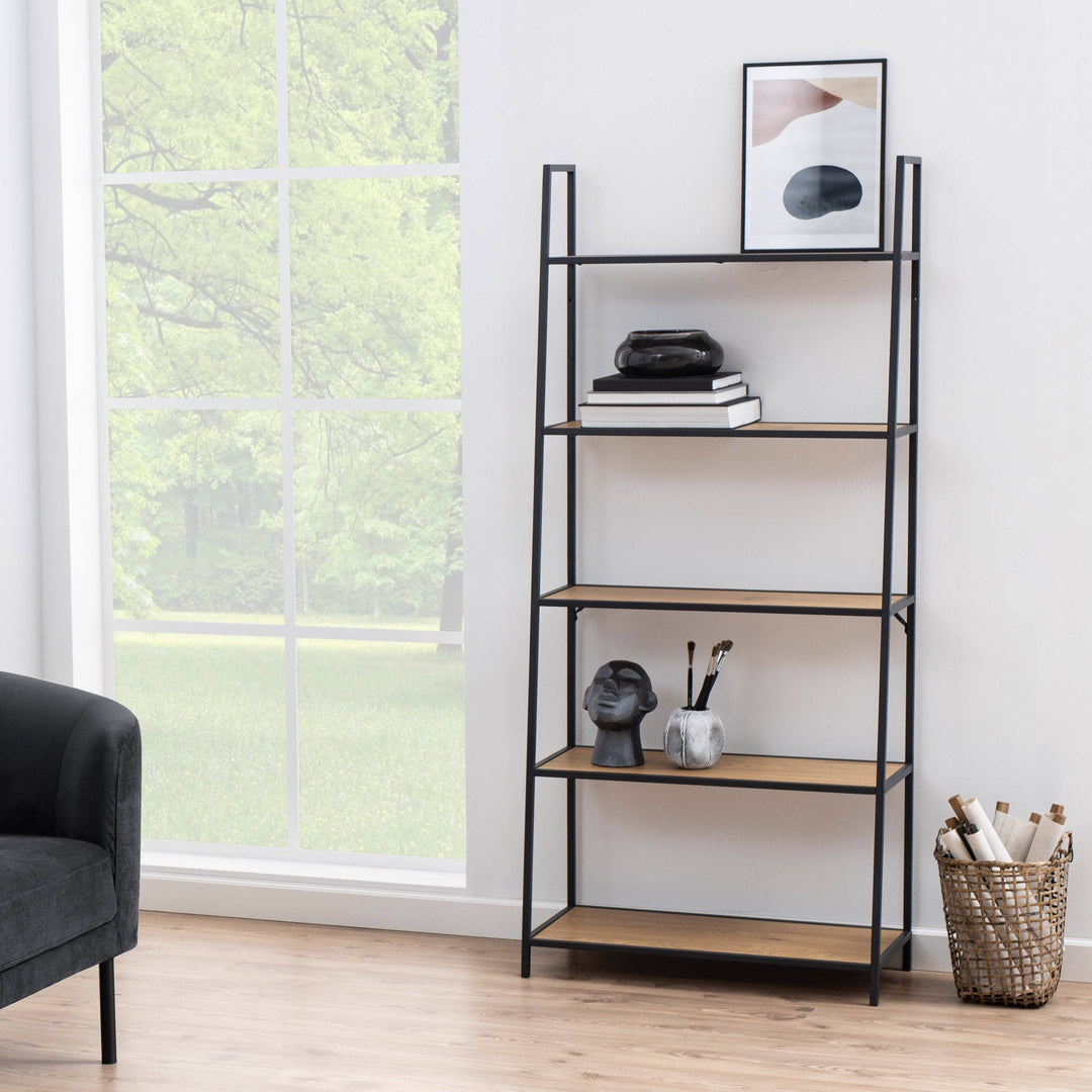 Seaford Black Metal Ladder Bookcase with 5 Oak Shelves - TidySpaces