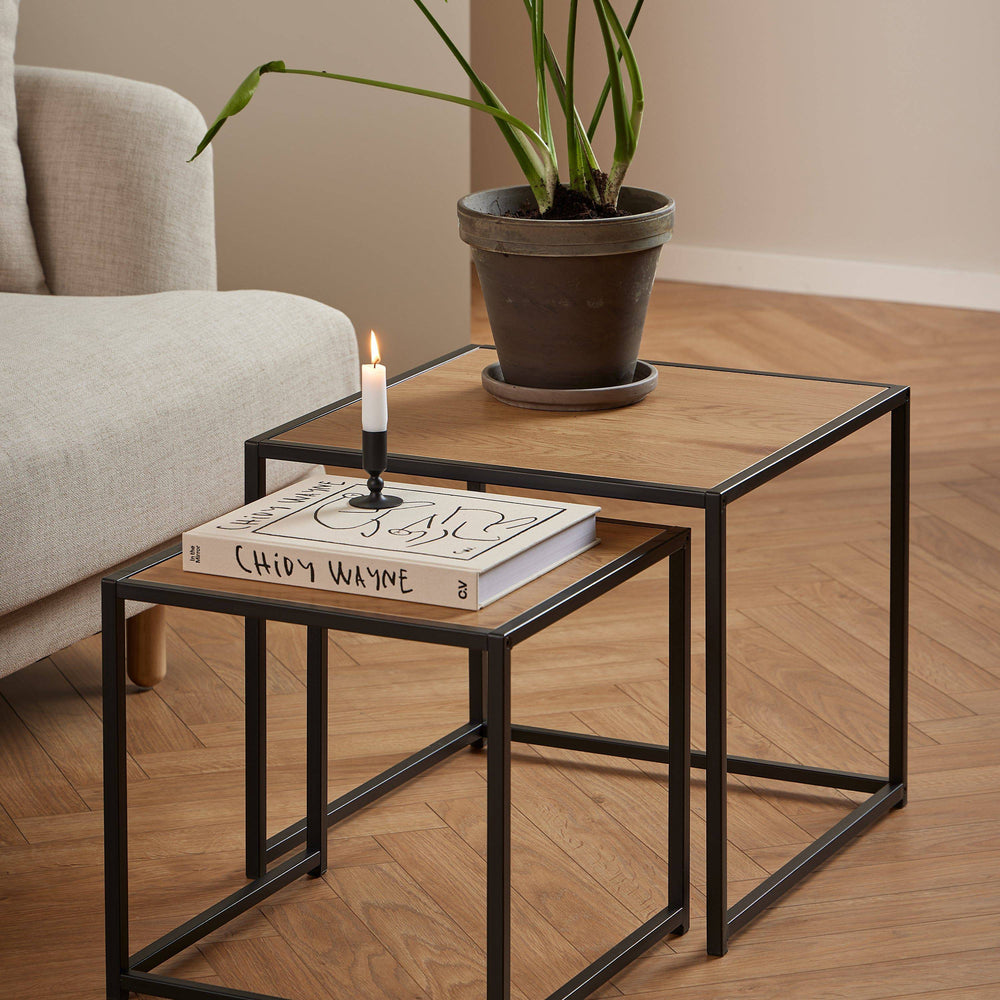 Seaford Black Metal Nest of Tables with Oak Top - TidySpaces