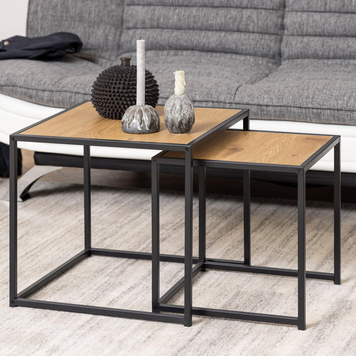 Seaford Black Metal Nest of Tables with Oak Top - TidySpaces