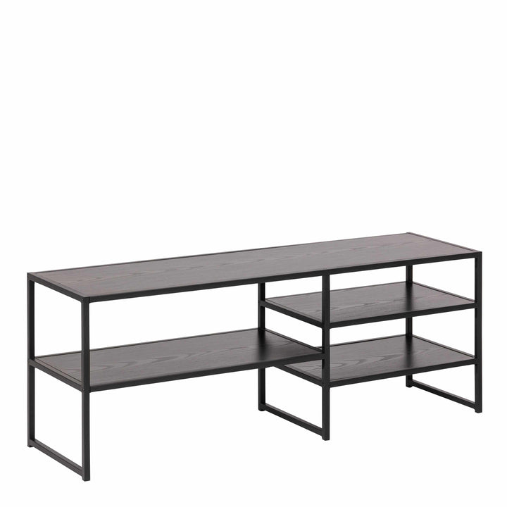 Seaford Black Metal Open TV Unit with 3 Black Shelves - TidySpaces