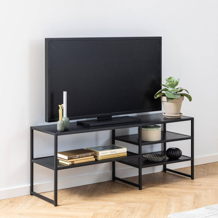 Seaford Black Metal Open TV Unit with 3 Black Shelves - TidySpaces