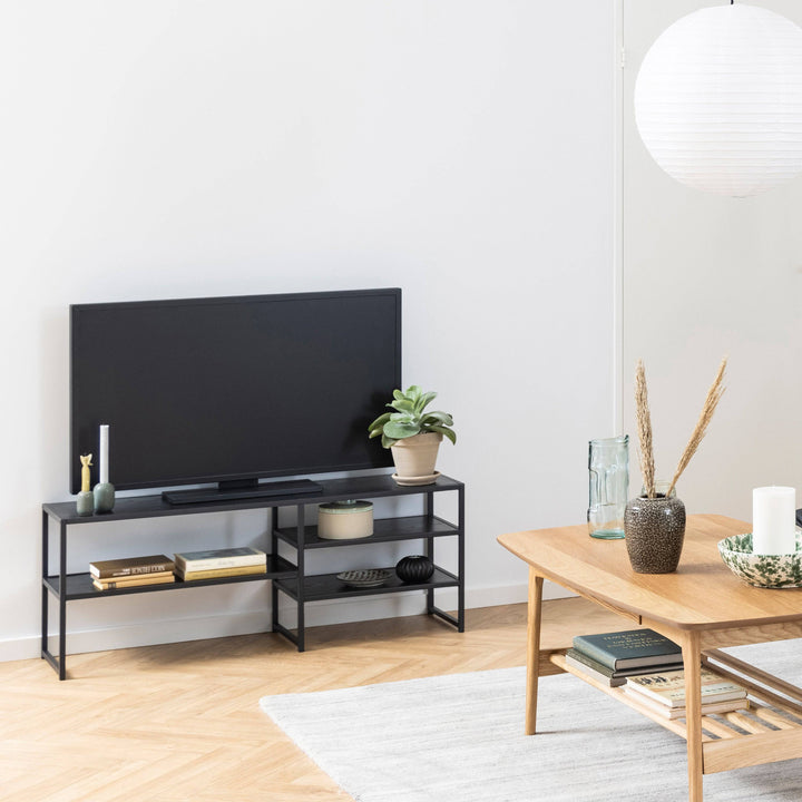 Seaford Black Metal Open TV Unit with 3 Black Shelves - TidySpaces