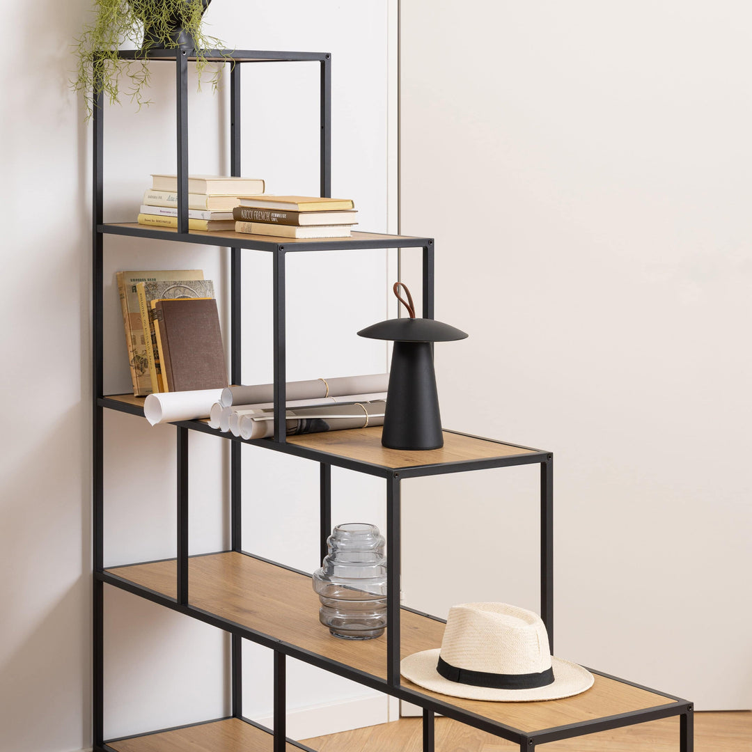 Seaford Bookcase with 4 Shelves and 1 Drawer in Black and Oak - TidySpaces