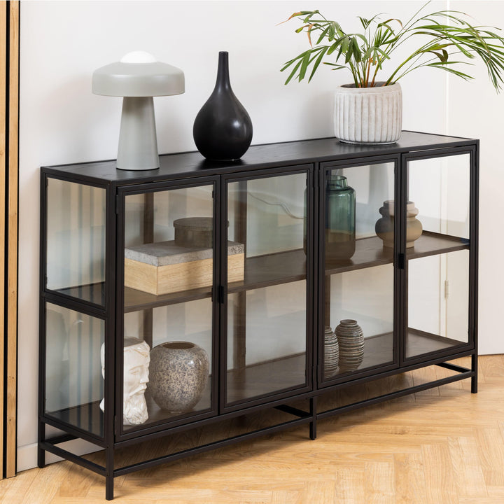 Seaford Display Cabinet with 4 Doors and 2 Shelves in Black and Oak - TidySpaces